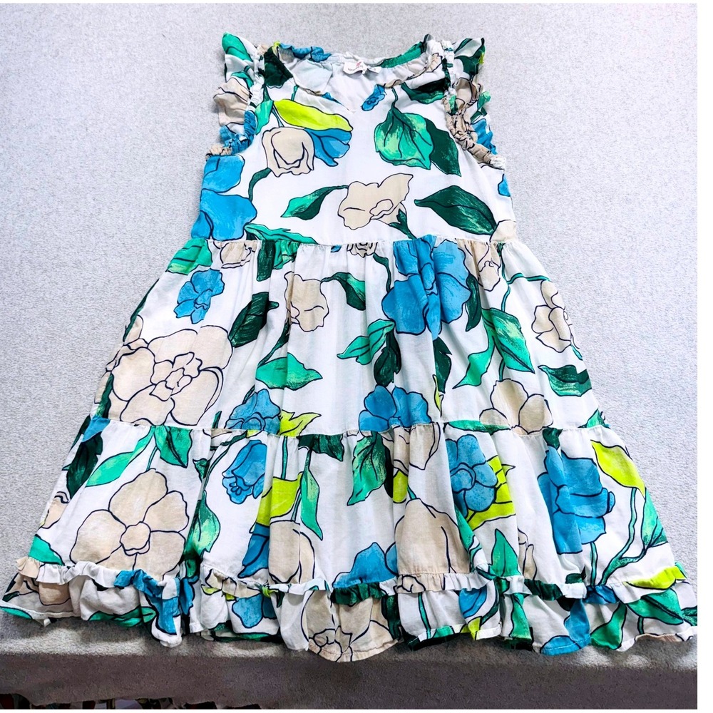 Vineyard Vines Tiered Ruffle Dress Kids Size L 14 White Blue Floral Sleeveless